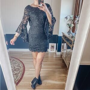 She + Sky black lace flare sleeve mini dress